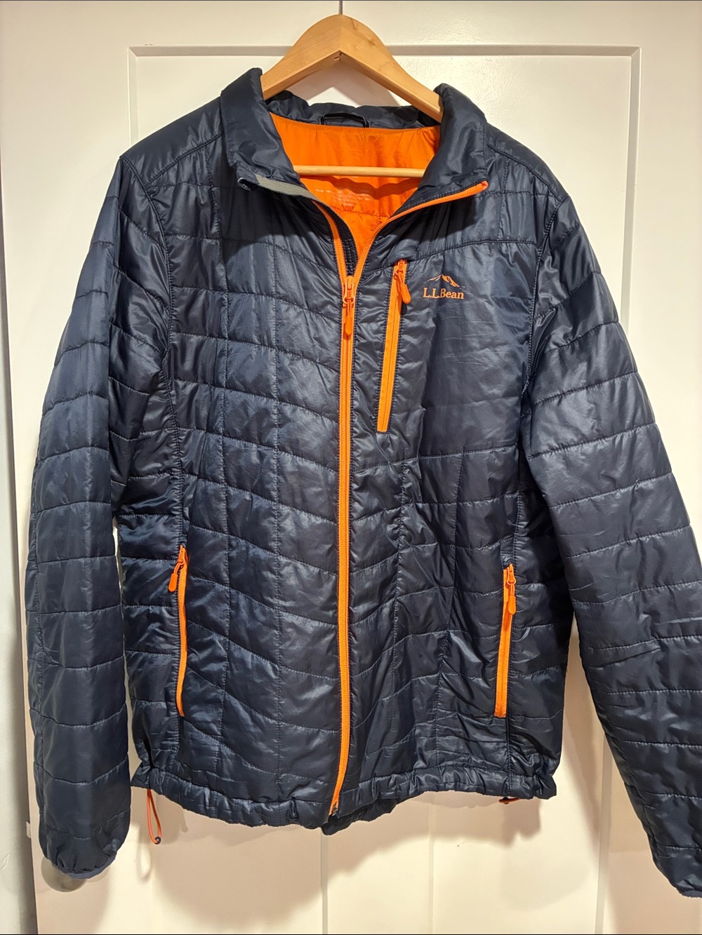 L.L. Bean Navy Quilted Puffer Jacket with Orange Trim